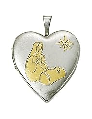 .925 Sterling Silver Nativity Scene and Heart Locket Necklace in a 2-Tone Design Womens Religious Jewelry Religious Heart Jewelry Gift Boxed.Chain Necklace Type: Curb Chain Necklace w/Chain Necklace 18" Length Gift Boxed.