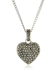 Judith Jack Sterling Silver Marcasite and Crystal Pave Reversible Heart Pentant Necklace, 16"