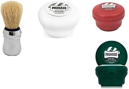 Pro'raso Shave Soap, Sensitive 150 ml + Shave Soap, Sandalwood 150 ml + shaving soap menthol and eucalyptus 4oz + Professonal Shaving Brush
