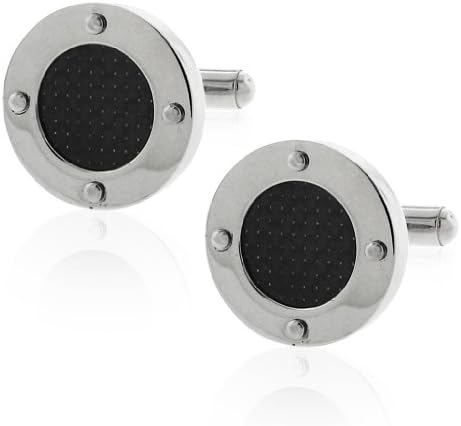 Stainless Steel Silver-Tone Satin Finish & Carbon Fiber Inlays Round Cufflinks