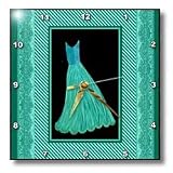 Teal green dress on black background with striped frame and damask ribbons - 10x10 Wall Clock