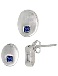 Sterling Silver Matte-finish Oval-shaped Earrings (9mm tall) & Pendant Slide (11mm tall) Set, w/ Princess Cut Blue Sapphire-colored CZ Stones