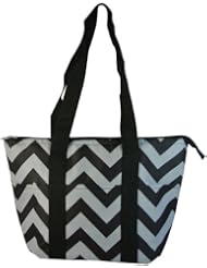 Apparel: Womens Insulated Lunch Bag Tote in Choice of Prints Zebra, Flower, Damask, Music or Retro Print (Black and Grey Chevron)
