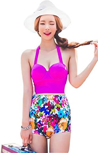 MEDY Women's 2 Pieces Push Up Tankini High Waist Floral Bikini Swimsuit Fushia
