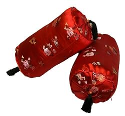 Red Asian Inspired Bolster Pillow with 4 Season Flower Design, Set of 2