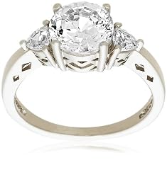 Platinum Plated Sterling Silver 100 Facets Collection Cubic Zirconia Three-Stone Ring, Size 6