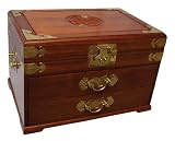 Chinese rosewood jewelry box chest with asian brass accents and carved longevity symbol, 15 x 10 x 10