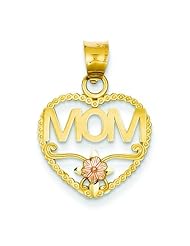 14K Two Tone Gold Mom & Rose Heart Charm Mother Pendant