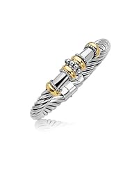 18K Yellow Gold and Sterling Silver Bangle with Polished Bead Motif