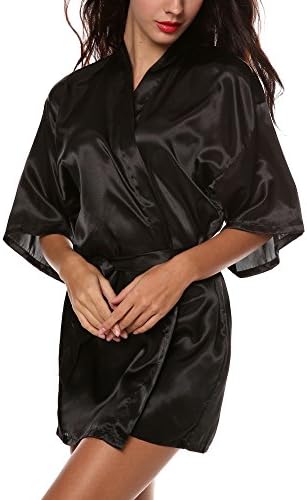 Pilotdarss Women's Kimono Robe Satin Lounge Short Style Black Medium
