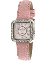 Peugeot Womens PQ8282PK Silver-Tone Swarovski Crystal Accented Pink Leather Strap Watch