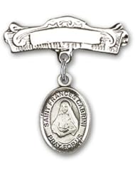 Sterling Silver Baby Badge with St. Frances Cabrini Charm and Arched Polished Badge Pin