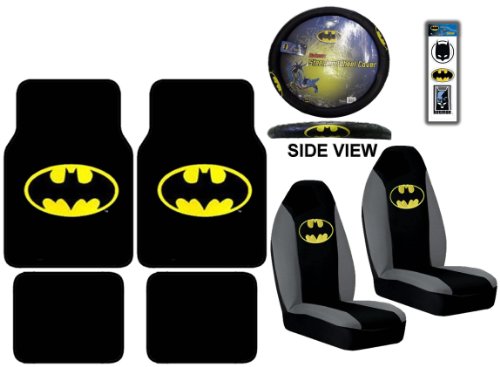  9pc Batman Carpeted Front, Rear Floor Mats, Bucket Seat Covers, Universal Steering Wheel Cover & Sticker Set