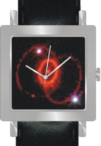 "Supernova 1987A" Is the Hubble Image on the Dial of the Polished Chrome Square Shape Watch with a Black Leather Strap