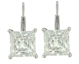 Platinum Plated Sterling Silver 7mm Princess-Cut Cubic Zirconia Lever Back Earrings