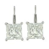Platinum Plated Sterling Silver 7mm Princess-Cut Cubic Zirconia Lever Back Earrings