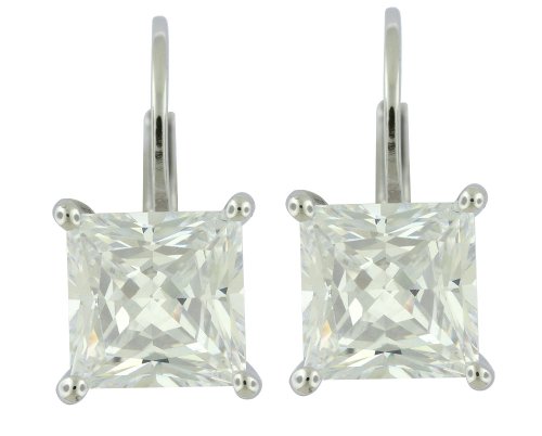 Platinum Plated Sterling Silver 7mm Princess-Cut Cubic Zirconia Lever Back Earrings