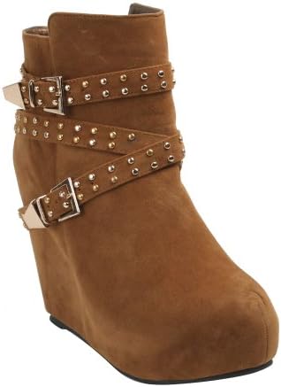 BONNIBE YUKI-2 Women's Wrapped Wedge Zipper Studded Bands Platform Ankle Boots, Color:TAN, Size:7.5