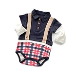 CHOUeTTe ベビー服 ロンパース 新生児～2歳半まで 前開き 長袖 半袖 サスペンダー柄 綿100% かっこいい チェック柄 出産祝い 誕生日プレゼントにもどうぞ サイズ多数 オリジナルタオル付