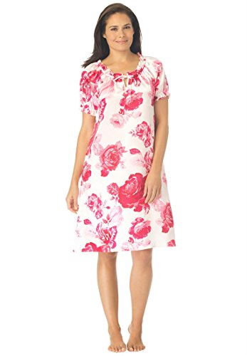 Amoureuse Women's Plus Size Satin Peasant Trapeze Sleepshirt (Ivory Roses,2X)
