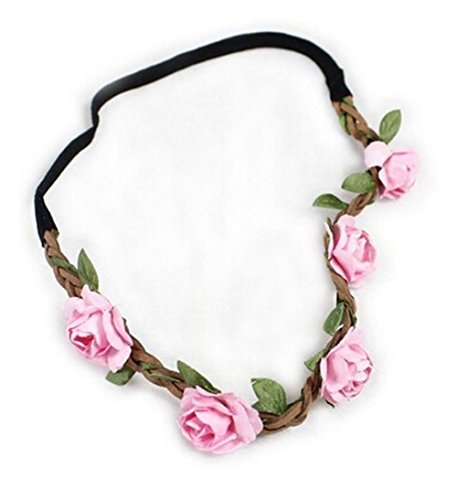 DreamLily Women s Fashion Flower Wreath Headband Floral Crown Garland Halo for Wedding Festivals (Pink)