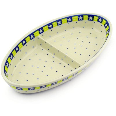 Polmedia Polish Pottery 9-inch Stoneware Divided Dish H7885E Hand Painted from Ceramika Artystyczna in Boleslawiec Poland. Shape 