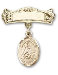 14K Gold Baby Badge with St. William of Rochester Charm and Arched Polished Badge Pin