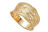 14K Yellow Gold Hand-Crafted Matte-Finish Designer Ring, Etched and Enhanced with White Gold Bezel Set Diamonds.