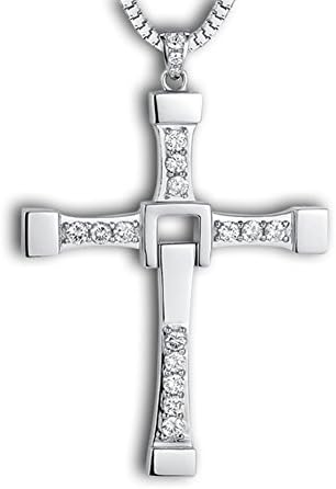 925 Silver Plated Genuine Rhinestone CZ Fast and Furious 7 Cross Charm Pendant Necklace for men