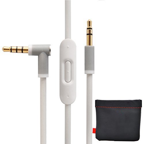 New Version Original Replacement Audio Cable Cord Wire with In-line Microphone and Control + Original OEM Replacement Leather Pouch/Leather Bag for Beats by Dr Dre Headphones Solo/Studio/Pro/Detox/Wireless/Mixr/Executive/Pill (White)