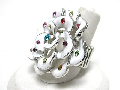 Multi Colored Crystal Studded White Epoxy Large Flower Stretch Ring