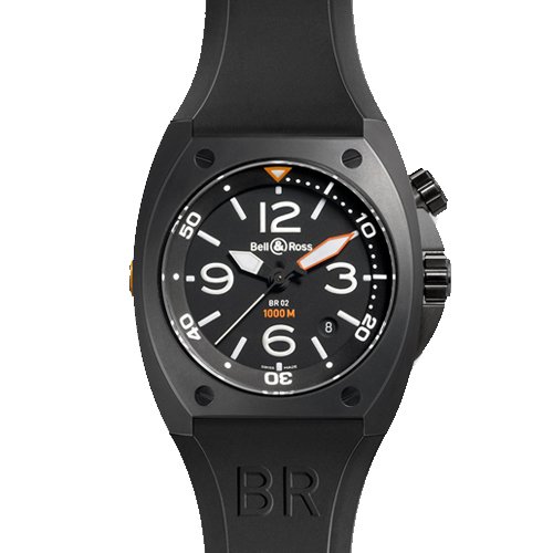 Bell & Ross BR 02 CA Carbon Finish Steel Case Black Dial Rubber Strap Mens Watch