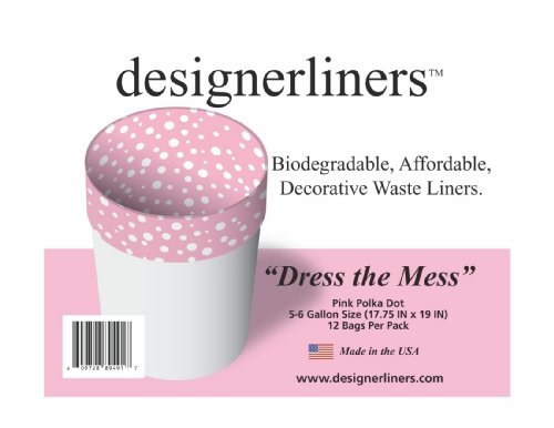 Designerliners Pink Polka Dot Pattern Eco Green Biodegradable Plastic Waste Basket Trash Bags - Great for Baby, Nursery, Child's Room, Bathroom, Kitchen. - 
