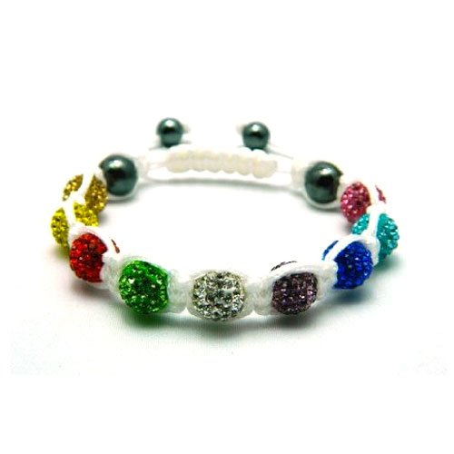 Nambeads White string Mixed Multi Colour Rainbow Swarovski Crystal Bead SHAMBALLA BRACELET with 9 Iced out Disco ball beads covered in crystals and 4 highly polished Hematite beads. Beautiful handmade high quality Celebrity Fashion bracelet. Check our ran