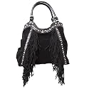 Womens Black Suede Leather Look Gold Stud Embellished Fringe Tassel Shoulder BoHo Bag