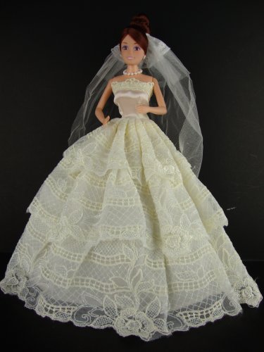 Amazing Ivory Wedding Gown with Slimmering Lace Complete with Veil Made for the the Barbie Doll