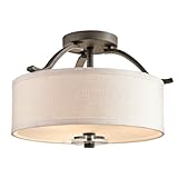 IMAGE OF Kichler Lighting 42485OZ Leighton Semi-Flush Ceiling Light, Olde Bronze and White Fabric Shades with Satin-Etched Glass and K9 Optical Crystal Disks