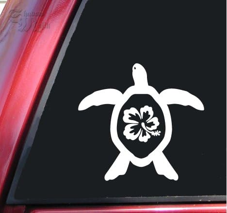Hibiscus Honu Hawaiian Sea Turtle Vinyl Decal Sticker - White