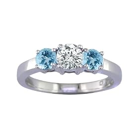 1 2 Ct. Three-Stone Blue Aquamarine Gemstone and White Diamond Engagement Ring... by