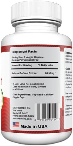 Vital Mend Saffron Extract, 100% Satiereal Saffron Extract, 88.50mg Per Serving, Made In The USA, 6 Bottles, 6 Month Supply