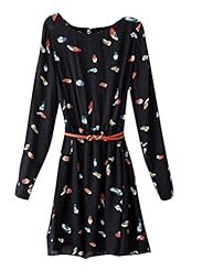 Long Sleeves Feathers Belted General Print Spring  Dress