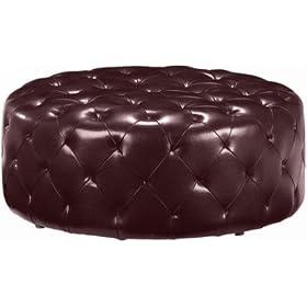Tufted Leather Round Ottoman, 40W, BURGUNDY