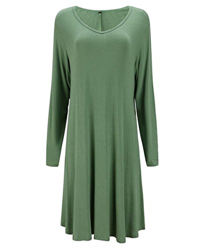Tandisk Women's Long Sleeve V-Neck Casual Loose Fit T-Shirt Dress Army Green XL