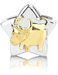 Sterling Silver and 18k Yellow Accent Taurus Zodiac Charm, Fits Jovana, Pandora , Chamilia Bracelet