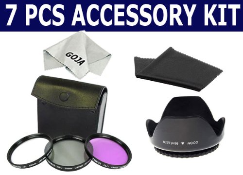 7 Pcs Kit for CANON 55-250mm 55-250, includes: 58mm Lens Hood + 58MM 3 Pcs Filter Kit PL UV FD + Carry Case + 2 Ultra Fine Microfiber Cleaning Cloths GOJA Logo (BLACK)