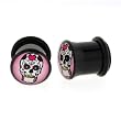 Black Acrylic Single Flare Plug - Day of the Dead Skull Logo - 00g - Sold as a Pair