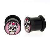 Black Acrylic Single Flare Plug - Day of the Dead Skull Logo - 0g - Sold as a Pair