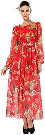 Dilefasion Women's New Long Sleeved High Waist Print Dress XL Red