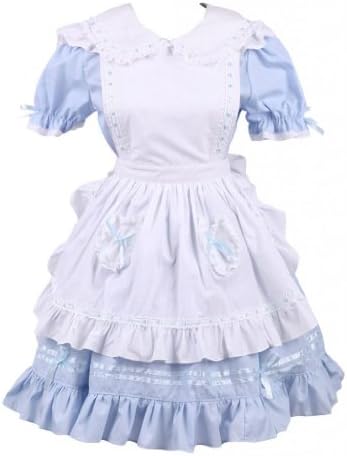 M4U Womens Cotton Blue Ruffles Short Sleeves School Lolita Dress