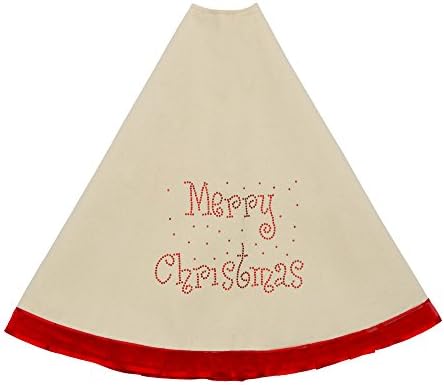 48 Inch Christmas Tree Skirt Cream with Red Ribbon Trim Decorated with Merry Christmas Red Rhinestones